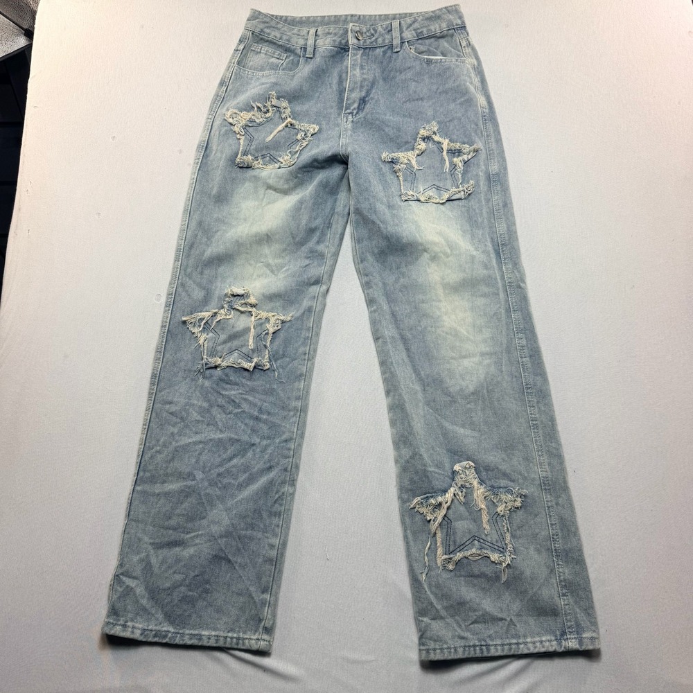Unbranded Star Patch Distressed Jeans Women Size 30 Light Blue Excellent Denim